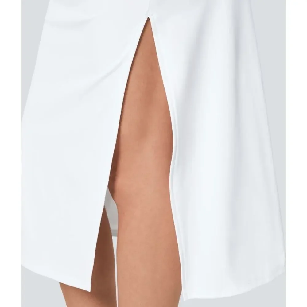Halara Square Neck Ruched Split Midi Cool Touch Dress in White Size Large - Picture 6 of 16